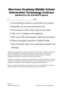 Morrison Academy Middle School Information Technology Contract (Updated for the iPad Mini Program) I,