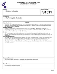 CALIFORNIA STATE SCIENCE FAIR 2012 PROJECT SUMMARY Name(s)  Mohamed A. Ibrahim