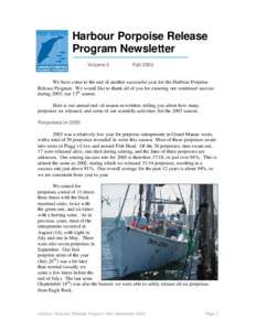 Harbour Porpoise Release Program Newsletter Volume 5 Fall 2003