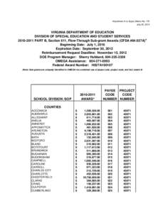 Attachment A to Supts. Memo No. 170 July 23, 2010 VIRGINIA DEPARTMENT OF EDUCATION DIVISION OF SPECIAL EDUCATION AND STUDENT SERVICES[removed]PART B, Section 611, Flow-Through Sub-grant Awards (CFDA #84.027A) *