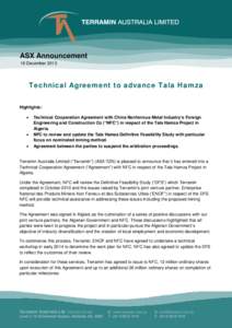 ASX Announcement 19 December 2013 Technical Agreement to advance Tala Hamza Highlights: •