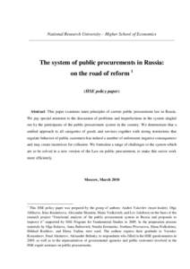 National Research University – Higher School of Economics ____________________________________________________________________________ The system of public procurements in Russia: on the road of reform 1 (HSE policy pa