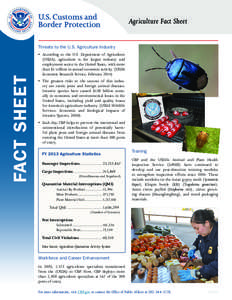 Agriculture Fact Sheet  FACT SHEET Threats to the U.S. Agriculture Industry •	 According to the U.S. Department of Agriculture