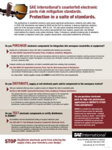 SAE International’s counterfeit electronic parts risk mitigation standards. Protection in a suite of standards. The proliferation of counterfeit electronic parts poses significant performance, reliability, and safety r