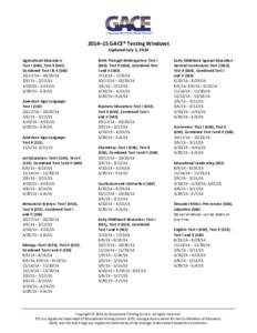 2014–15 GACE® Testing Windows Updated July 1, 2014 Agricultural Education: Test I (040), Test II (041), Combined Test I & II (540)