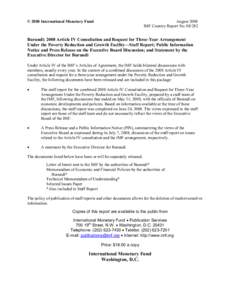 Burundi: 2008 Article IV Consultation and Request for Three-Year Arrangement Under the Poverty Reduction and Growth Facility—Staff Report; Public Information Notice and Press Release on the Executive Board Discussion; 