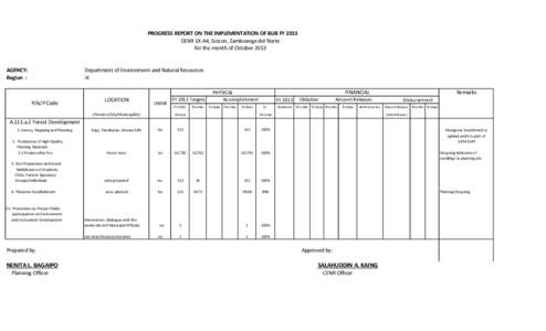 PROGRESS REPORT ON THE IMPLEMENTATION OF BUB FY 2013 DENR 1X-A4, Siocon, Zamboanga del Norte for the month of October 2013 AGENCY: Region :