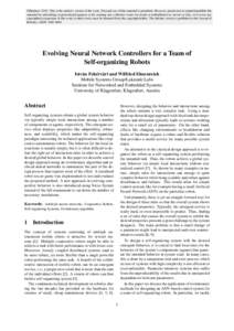 Evolving neural network controllers for a team of self-organizing robots