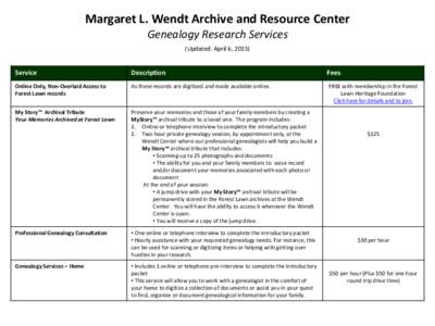 Margaret L. Wendt Archive and Resource Center                       Genealogy Research Services