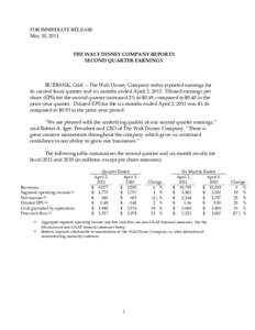 FOR IMMEDIATE RELEASE May 10, 2011 THE WALT DISNEY COMPANY REPORTS SECOND QUARTER EARNINGS