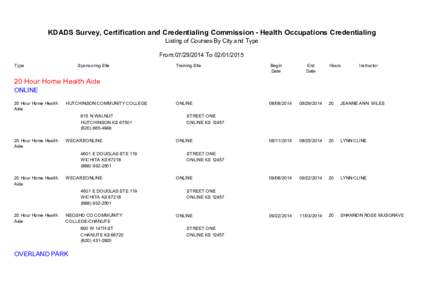 KDADS Survey, Certification and Credentialing Commission - Health Occupations Credentialing Listing of Courses By City and Type From:[removed]To[removed]Type  Sponsoring Site