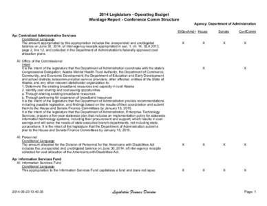 2014 Legislature - Operating Budget Wordage Report - Conference Comm Structure Agency: Department of Administration 15GovAmd+ House Ap: Centralized Administrative Services Conditional Language