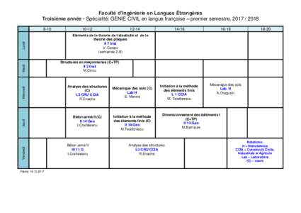 Faculté d’Ingénierie en Langues Étrangères Troisième année - Spécialité: GENIE CIVIL en langue française – premier semestre,  Mercredi