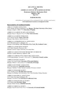 2013 ANNUAL MEETING of the AMERICAN COUNCIL OF LEARNED SOCIETIES Renaissance Baltimore Harborplace Hotel Baltimore, MD May 9-11