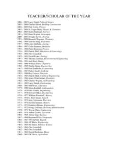 TEACHER/SCHOLAR OF THE YEAR 2006 – 2007 Larry Dodd, Political Science 2005 – 2006 Charles Kibert, Building Construction 2004 – 2005 Paul Avery, Physics 2003 – 2004 N. Yngve Ohrn, Physics & Chemistry 2002 – 2003