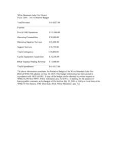 White Mountain Lake Fire District Fiscal 2014 – 2015 Tentative Budget Total Revenue $ 614,[removed]________________________________________ Expense