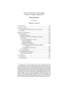 Harvard Journal of Law & Technology Volume 25, Number 2 Spring 2012 PATENT POWERS Sarah Tran*  TABLE OF CONTENTS