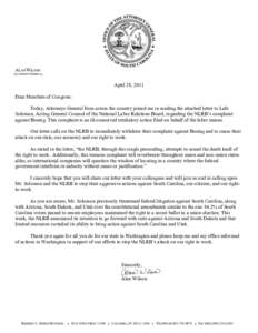 ALAN WILSON ATTORNEY GENERAL April 28, 2011 Dear Members of Congress: Today, Attorneys General from across the country joined me in sending the attached letter to Lafe