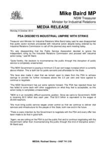 Mike Baird MP NSW Treasurer Minister for Industrial Relations MEDIA RELEASE Monday 8 October 2012