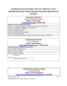 Qualifying Courses that satisfy “other 19” Credit Hours in the Statewide Elementary Teacher Education Articulation Agreement, By Institution Adams State University B.A. Interdisciplinary Studies Advisor: Lynn Crowder