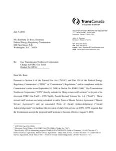 July 9, 2010  Ms. Kimberly D. Bose, Secretary Federal Energy Regulatory Commission 888 First Street, N.E. Washington, D.C[removed]