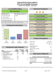 TEXAS EDUCATION AGENCY 2015 Accountability Summary AUSTIN H SAUSTIN ISD Accountability Rating