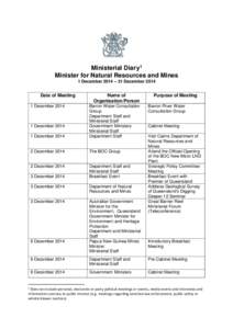 Minister diaries - Minister for Natural Resources and Mines