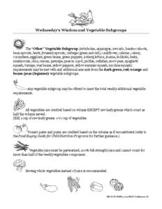 Wednesday’s Wisdom and Vegetable Subgroups  The “Other” Vegetable Subgroup (Artichokes, asparagus, avocado, bamboo shoots, bean sprouts, beets, Brussels sprouts, cabbage (green and red), cauliflower, celeriac, cele