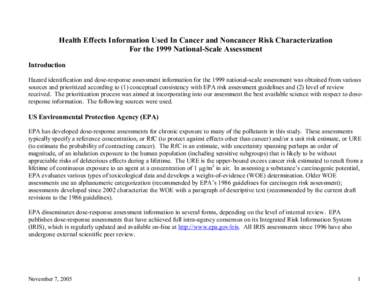 Health Effects Information Used In Cancer and Noncancer Risk Characterization For the 1999 National-Scale Assessment Introduction Hazard identification and dose-response assessment information for the 1999 national-scale