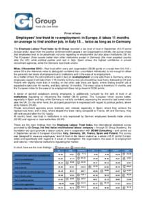 Press release  Employees’ low trust in re-employment: in Europe, it takes 11 months on average to find another job, in Italy 15… twice as long as in Germany The Employee Labour Trust Index by Gi Group recorded a low 
