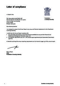 Letter of compliance  11 August 2014 The Honourable Jarrod Bleijie MP Attorney-General and Minister for Justice Level 18, State Law Building