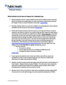 What Schools Can Do Now to Prepare for a Measles Case • Identify students with 0 or 1 dose of MMR vaccine (and no medical waiver) and notify parents of the fact that student does not meet immunization requirements and 