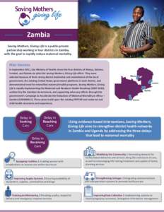 Zambia Saving Mothers, Giving Life is a public-private partnership working in four districts in Zambia, with the goal to rapidly reduce maternal mortality.  Pilot Districts