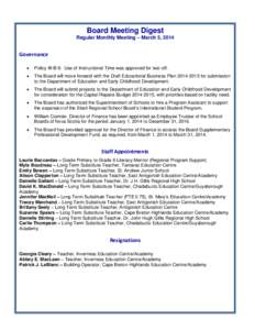 Board Meeting Digest Regular Monthly Meeting – March 5, 2014 Governance 