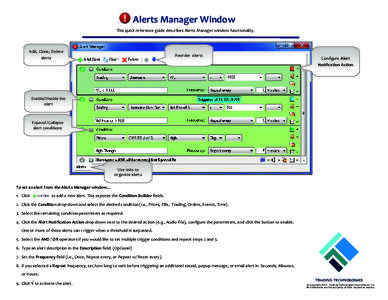 Alerts Manager Window This quick reference guide describes Alerts Manager window functionality. Add, Clone, Delete alerts