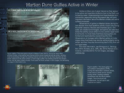 Martian Dune Gullies Active in Winter ESP_019069_1300 (Ls136 MY 30; 2010-Aug-21) 100m  ESP_019636_1300 (Ls159 MY 30; 2010-Oct-04)