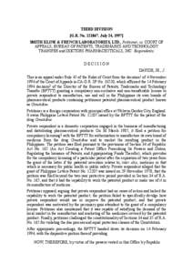 THIRD DIVISION [G.R. No[removed]July 24, 1997] SMITH KLINE & FRENCH LABORATORIES, LTD., Petitioner, vs. COURT OF APPEALS, BUREAU OF PATENTS, TRADEMARKS AND TECHNOLOGY TRANSFER and DOCTORS PHARMACEUTICALS, INC. Responden