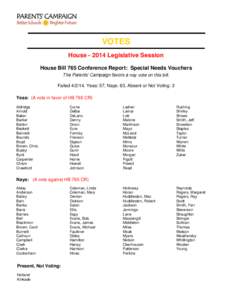VOTES House[removed]Legislative Session House Bill 765 Conference Report: Special Needs Vouchers The Parents’ Campaign favors a nay vote on this bill. Failed[removed]Yeas: 57, Nays: 63, Absent or Not Voting: 2 Yeas: (A 