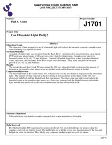 CALIFORNIA STATE SCIENCE FAIR 2010 PROJECT SUMMARY Name(s)  Project Number