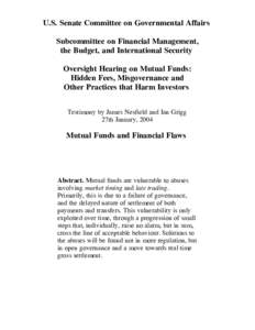 U.S. Senate Committee on Governmental Affairs Subcommittee on Financial Management, the Budget, and International Security Oversight Hearing on Mutual Funds: Hidden Fees, Misgovernance and Other Practices that Harm Inves