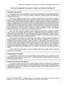 Performance management and evaluation of English Local Strategic Partnerships, UK Performance management and evaluation of English Local Strategic Partnerships, UK 1  Description of the approach