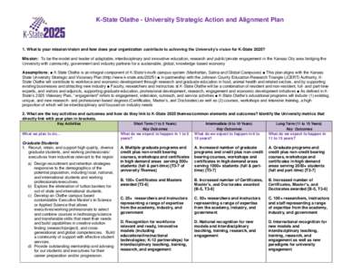 K-State Olathe - University Strategic Action and Alignment Plan  1. What is your mission/vision and how does your organization contribute to achieving the University’s vision for K-State 2025? Mission: To be the model 