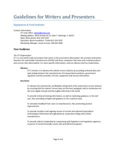 Guidelines for Writers and Presenters Equipment & Tool Institute Contact Information: ETI main office: [removed] Mailing address: 3819 N State Rt 23, Suite F, Marengo, IL 60152