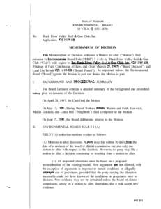 State of Vermont ENVIRONMENTAL BOARD 10 V.S.A. $[removed]Re:  Black River Valley Rod L Gun Club, Inc.