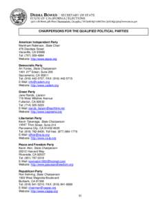 CHAIRPERSONS FOR THE QUALIFIED POLITICAL PARTIES  American Independent Party Markham Robinson, State Chair 476 Deodara Street Vacaville, CA 95688