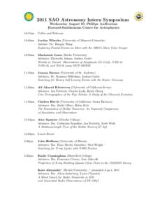 2011 SAO Astronomy Intern Symposium Wednesday August 10, Phillips Auditorium Harvard-Smithsonian Center for Astrophysics 10:15am  Coffee and Welcome
