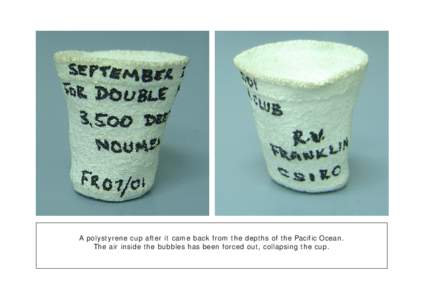 A polystyrene cup after it came back from the depths of the Pacific Ocean. The air inside the bubbles has been forced out, collapsing the cup. 