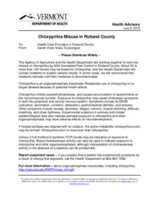 Vermont Health Advisory: Chlorpyrifos Misuse in Rutland County