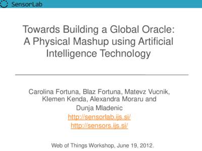 Towards Building a Global Oracle: A Physical Mashup using Artificial Intelligence Technology Carolina Fortuna, Blaz Fortuna, Matevz Vucnik, Klemen Kenda, Alexandra Moraru and