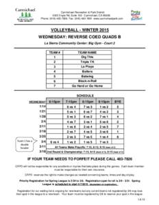 Carmichael Recreation & Park District 5325 Engle Rd, Suite 100 Carmichael, CA[removed]Phone: ([removed]Fax: ([removed]www.carmichaelpark.com VOLLEYBALL - WINTER 2015 WEDNESDAY: REVERSE COED QUADS B